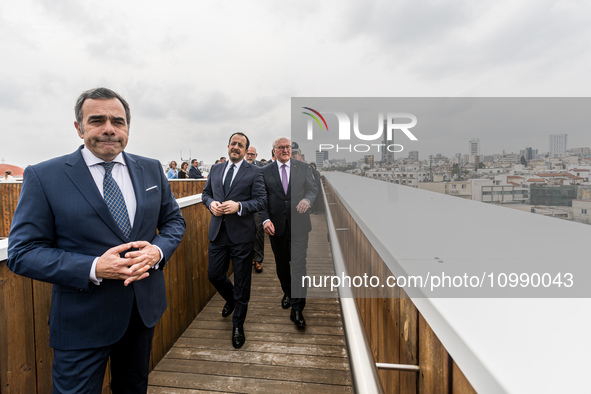 Frank-Walter Steinmeier and Nikos Christodoulides are arriving on the roof of the Town Hall in Nicosia, Cyprus, on February 12, 2024. The Pr...