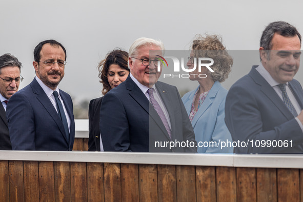 President Frank-Walter Steinmeier of Germany is standing on the Town Hall roof in Nicosia, Cyprus, on February 12, 2024. He is being shown t...