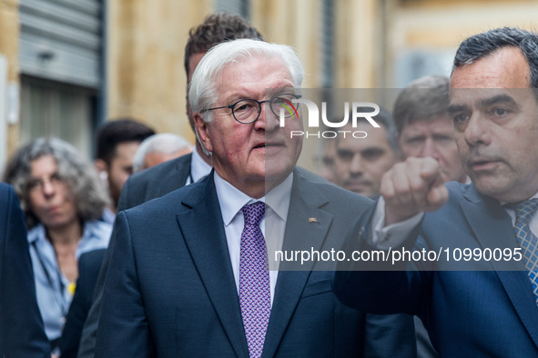 Constantinos Yiorkadjis is speaking to Frank-Walter Steinmeier during the tour in Nicosia, Cyprus, on February 12, 2024. The President of Ge...