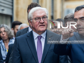 Constantinos Yiorkadjis is speaking to Frank-Walter Steinmeier during the tour in Nicosia, Cyprus, on February 12, 2024. The President of Ge...