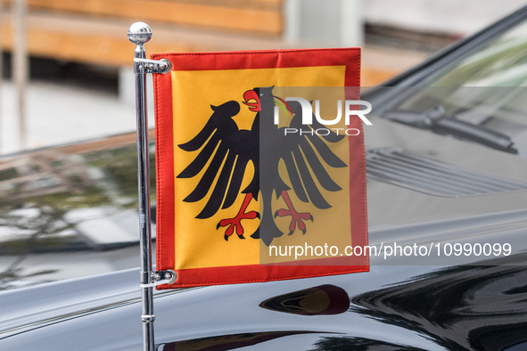 The badge of the Federal Republic of Germany is being seen on the car of Frank-Walter Steinmeier in Nicosia, Cyprus, on February 12, 2024. T...