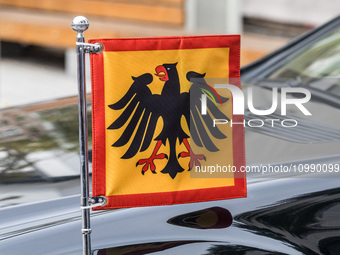 The badge of the Federal Republic of Germany is being seen on the car of Frank-Walter Steinmeier in Nicosia, Cyprus, on February 12, 2024. T...