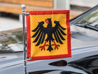 The badge of the Federal Republic of Germany is being seen on the car of Frank-Walter Steinmeier in Nicosia, Cyprus, on February 12, 2024. T...