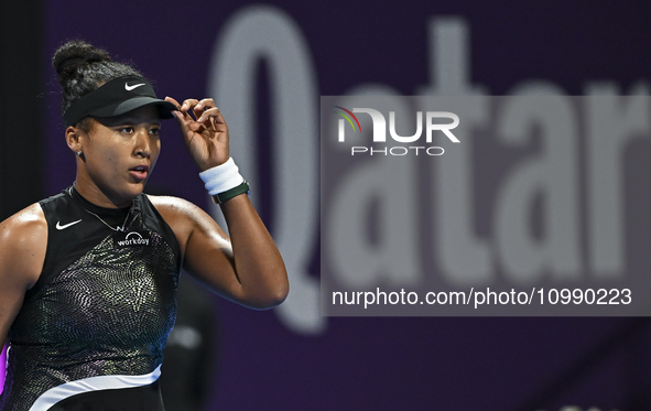 Naomi Osaka of Japan is reacting during her first-round match against Caroline Garcia of France at the WTA 1000-Qatar TotalEnergies Open ten...