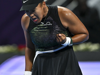 Naomi Osaka of Japan is reacting during her first-round match against Caroline Garcia of France at the WTA 1000-Qatar TotalEnergies Open ten...