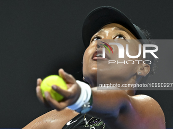 Naomi Osaka of Japan is playing in her first-round match against Caroline Garcia of France at the WTA 1000-Qatar TotalEnergies Open tennis t...