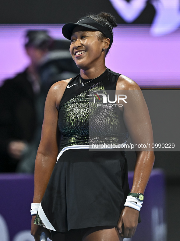 Naomi Osaka of Japan is reacting during her first-round match against Caroline Garcia of France at the WTA 1000-Qatar TotalEnergies Open ten...