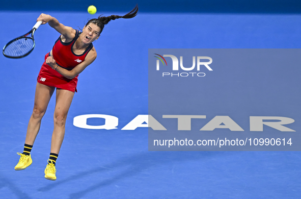 Sorana Cirstea of Romania is playing in her second-round match against Iga Swiatek of Poland at the WTA 1000-Qatar TotalEnergies Open tennis...