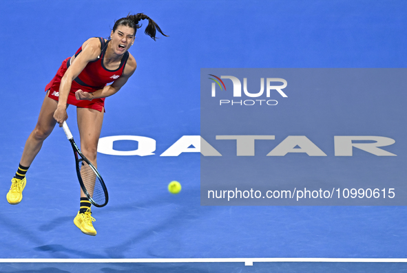 Sorana Cirstea of Romania is playing in her second-round match against Iga Swiatek of Poland at the WTA 1000-Qatar TotalEnergies Open tennis...