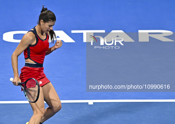 Sorana Cirstea of Romania is reacting during her second-round match against Iga Swiatek of Poland at the WTA 1000-Qatar TotalEnergies Open t...