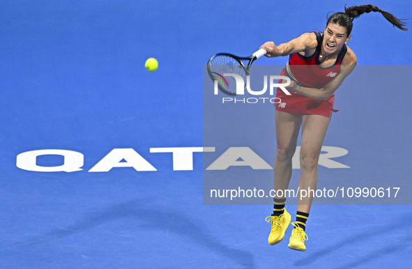 Sorana Cirstea of Romania is playing in her second-round match against Iga Swiatek of Poland at the WTA 1000-Qatar TotalEnergies Open tennis...