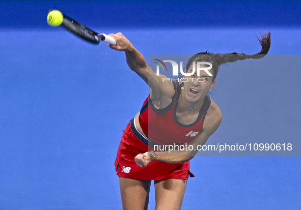 Sorana Cirstea of Romania is playing in her second-round match against Iga Swiatek of Poland at the WTA 1000-Qatar TotalEnergies Open tennis...