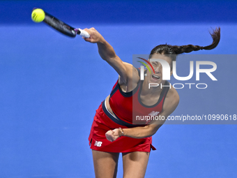 Sorana Cirstea of Romania is playing in her second-round match against Iga Swiatek of Poland at the WTA 1000-Qatar TotalEnergies Open tennis...