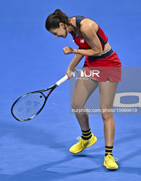 Sorana Cirstea of Romania is playing in her second-round match against Iga Swiatek of Poland at the WTA 1000-Qatar TotalEnergies Open tennis...