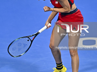 Sorana Cirstea of Romania is playing in her second-round match against Iga Swiatek of Poland at the WTA 1000-Qatar TotalEnergies Open tennis...