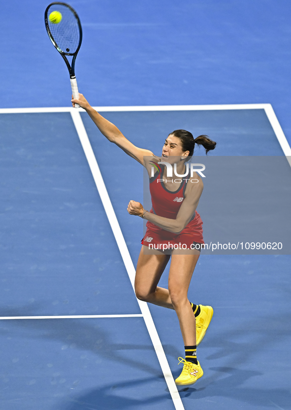 Sorana Cirstea of Romania is playing in her second-round match against Iga Swiatek of Poland at the WTA 1000-Qatar TotalEnergies Open tennis...