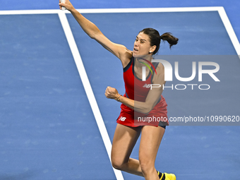 Sorana Cirstea of Romania is playing in her second-round match against Iga Swiatek of Poland at the WTA 1000-Qatar TotalEnergies Open tennis...