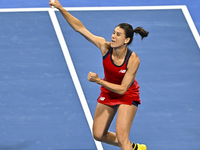 Sorana Cirstea of Romania is playing in her second-round match against Iga Swiatek of Poland at the WTA 1000-Qatar TotalEnergies Open tennis...