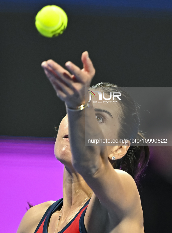 Sorana Cirstea of Romania is playing in her second-round match against Iga Swiatek of Poland at the WTA 1000-Qatar TotalEnergies Open tennis...