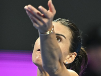 Sorana Cirstea of Romania is playing in her second-round match against Iga Swiatek of Poland at the WTA 1000-Qatar TotalEnergies Open tennis...