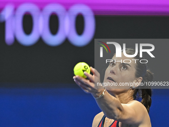 Sorana Cirstea of Romania is playing in her second-round match against Iga Swiatek of Poland at the WTA 1000-Qatar TotalEnergies Open tennis...