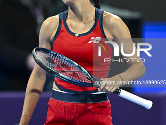 Sorana Cirstea of Romania is reacting during her second-round match against Iga Swiatek of Poland at the WTA 1000-Qatar TotalEnergies Open t...