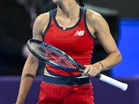 Sorana Cirstea of Romania is reacting during her second-round match against Iga Swiatek of Poland at the WTA 1000-Qatar TotalEnergies Open t...