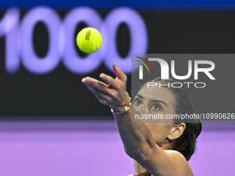 Sorana Cirstea of Romania is playing in her second-round match against Iga Swiatek of Poland at the WTA 1000-Qatar TotalEnergies Open tennis...