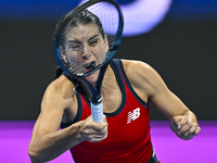 Sorana Cirstea of Romania is playing in her second-round match against Iga Swiatek of Poland at the WTA 1000-Qatar TotalEnergies Open tennis...