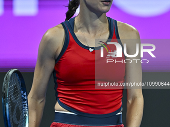 Sorana Cirstea of Romania is reacting during her second-round match against Iga Swiatek of Poland at the WTA 1000-Qatar TotalEnergies Open t...