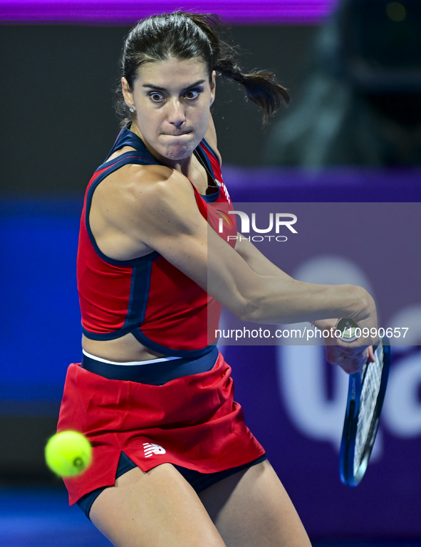 Sorana Cirstea of Romania is playing in her second-round match against Iga Swiatek of Poland at the WTA 1000-Qatar TotalEnergies Open tennis...