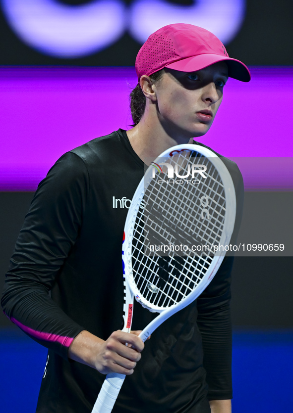 Iga Swiatek of Poland is celebrating after winning her second-round match against Sorana Cirstea of Romania at the WTA 1000-Qatar TotalEnerg...