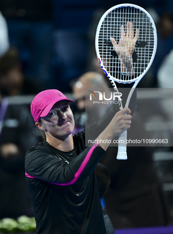 Iga Swiatek of Poland is celebrating after winning her second-round match against Sorana Cirstea of Romania at the WTA 1000-Qatar TotalEnerg...