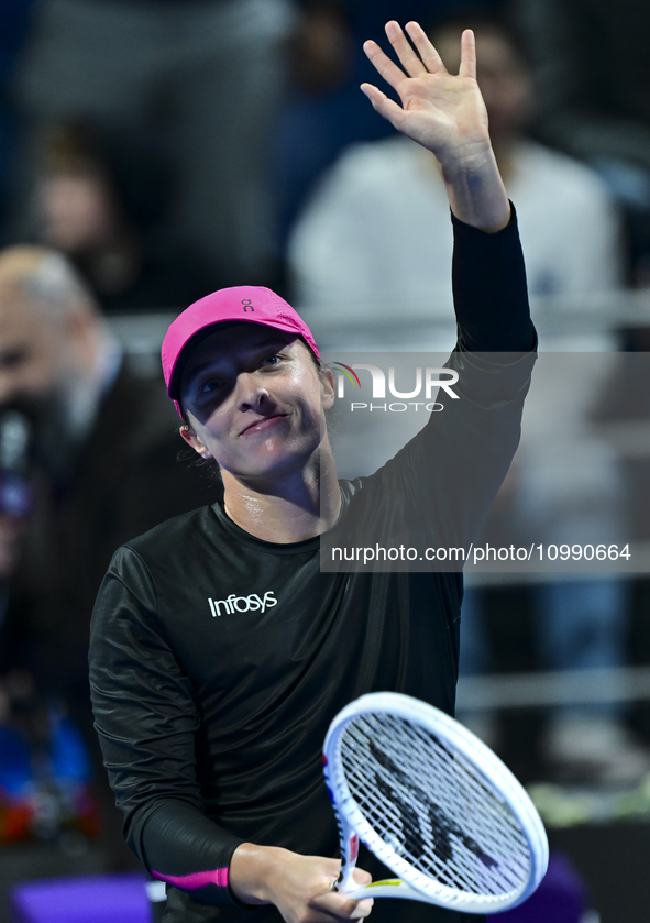 Iga Swiatek of Poland is celebrating after winning her second-round match against Sorana Cirstea of Romania at the WTA 1000-Qatar TotalEnerg...