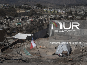 A tent is left in a house affected by the mega forest fire in the Valparaiso region. (