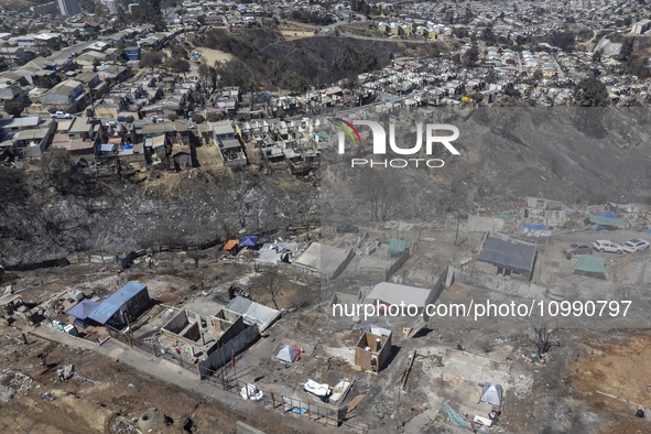 An aerial view is showing Villa Independencia, an area affected by the Valparaiso mega forest fire. 