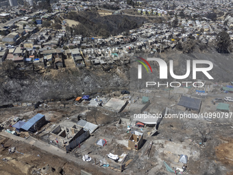 An aerial view is showing Villa Independencia, an area affected by the Valparaiso mega forest fire. (