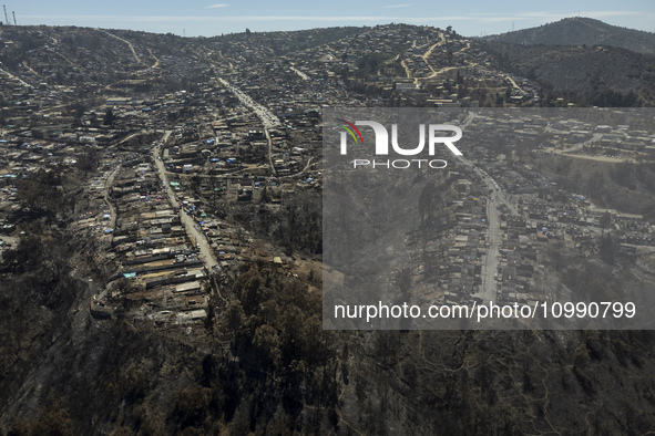 An aerial view is showing Villa Independencia, an area affected by the Valparaiso mega forest fire. 