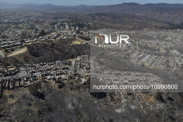 An aerial view is showing Villa Independencia, an area affected by the Valparaiso mega forest fire. 