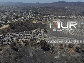 An aerial view is showing Villa Independencia, an area affected by the Valparaiso mega forest fire. (