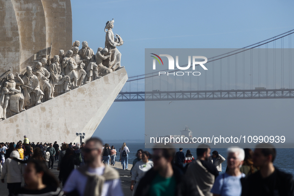 A view of the Monument of the Discoveries in Lisbon, Portugal on February 12, 2024. 