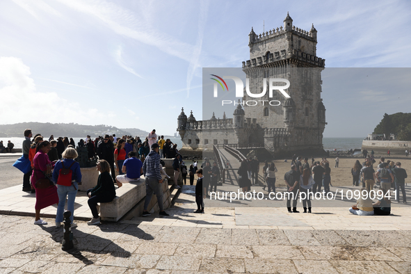 A view of the Belem Tower in Lisbon, Portugal on February 12, 2024. 