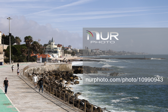 A view of the Atlantic ocean shore in Estoril, Portugal on February 12, 2024. 