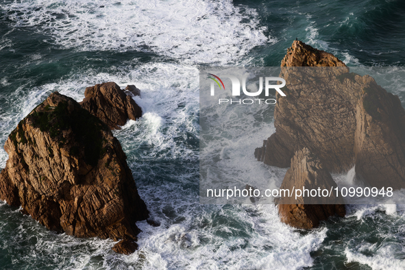 A view of the Atlantic Ocean shore in Sintra, Portugal on February 12, 2024. 