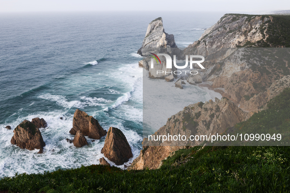 A view of the Atlantic Ocean shore in Sintra, Portugal on February 12, 2024. 