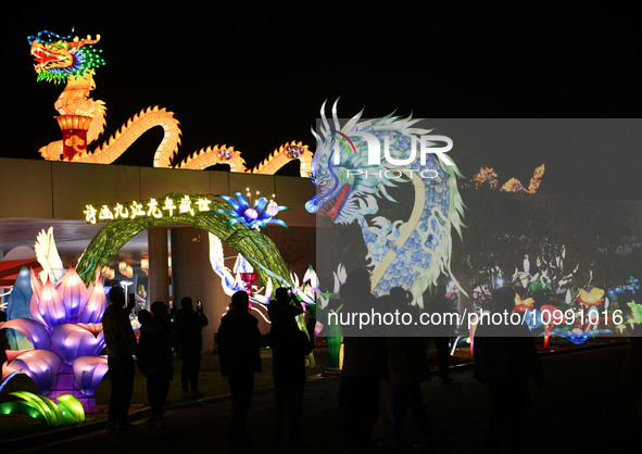 Tourists are enjoying colored lanterns at the Bali Lake Lunar Year Night Tour Cultural Festival in Jiujiang, China, on February 12, 2024. 