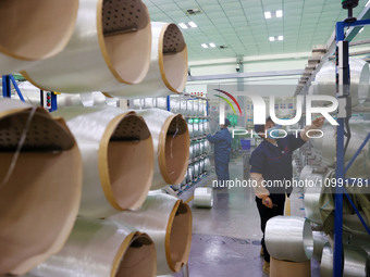 A female worker is inspecting an automated production line at the production workshop of a glass fiber company in Chongqing, China, on Febru...