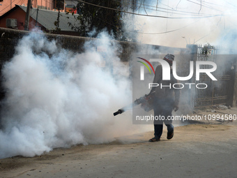 A municipal worker is fumigating a residential area as a preventive measure against disease-carrying mosquitoes and fleas in Siliguri, India...