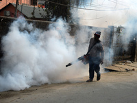 A municipal worker is fumigating a residential area as a preventive measure against disease-carrying mosquitoes and fleas in Siliguri, India...