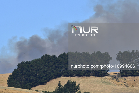 Smoke is rising thickly from a fire in Christchurch, New Zealand, on February 14, 2024. Authorities are declaring a local state of emergency...